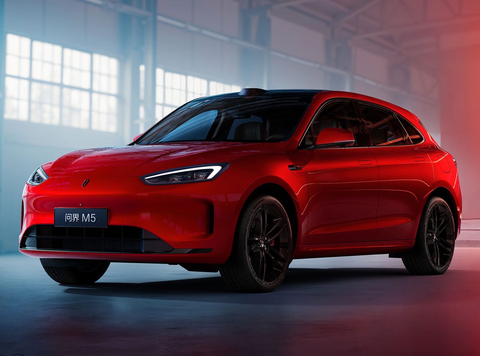 AITO M5 EV 2025 — экстерьер, front 3q red detail, рынок AITO M5 new family / M5 EV visual reference