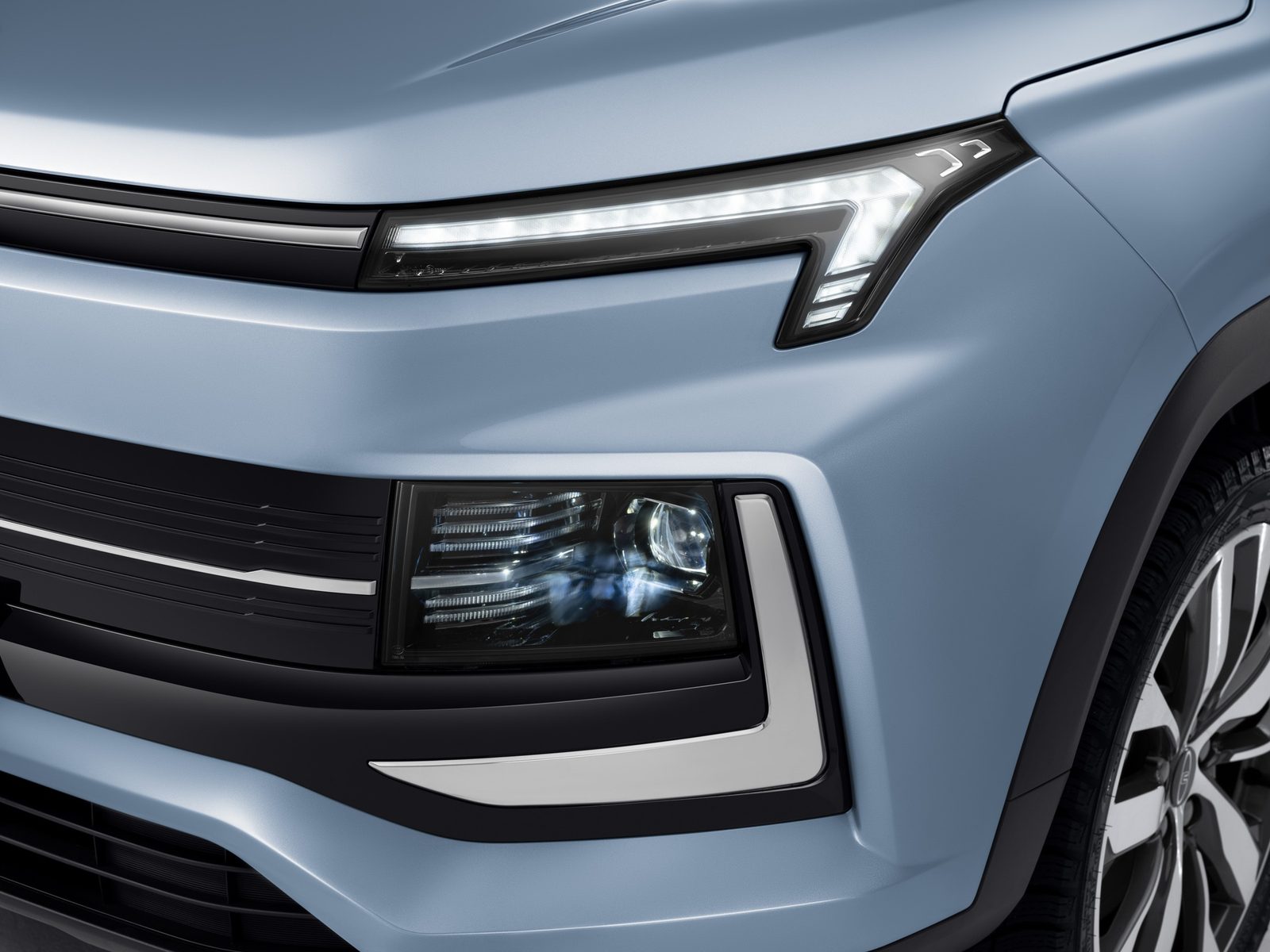 Moskvich 3e 2022 — экстерьер, front lighting detail, рынок internal_mvp